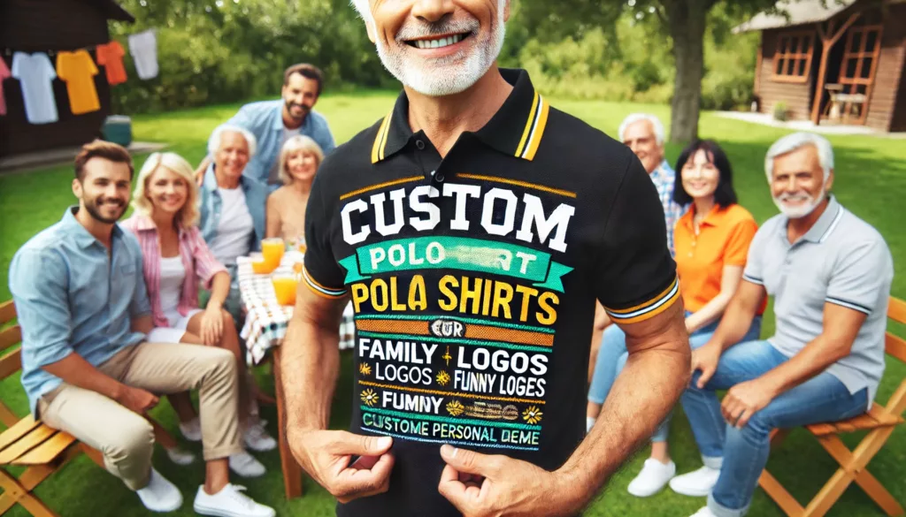 Individuals wearing custom polo shirts in a casual setting, like a family reunion or picnic.