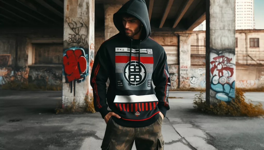 A bold graphic pullover hoodie in a streetwear look with an urban background