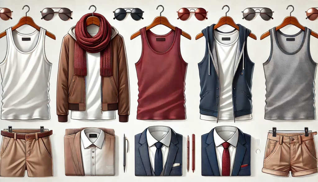 Seasonal tank tops in colors like white, burgundy, and navy styled for summer, winter, and formal occasions