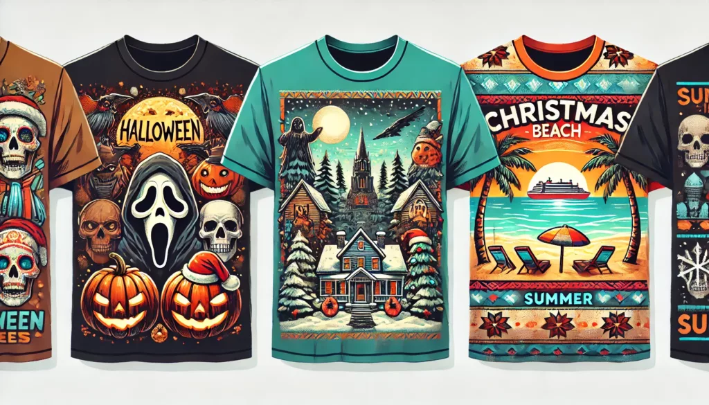 Seasonal T-shirt designs for holidays like Halloween, Christmas, and summer.