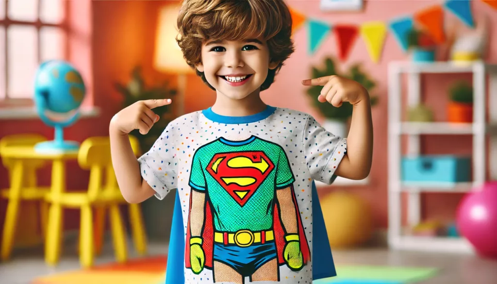 A cheerful child pointing to their T-shirt featuring their favorite superhero character.