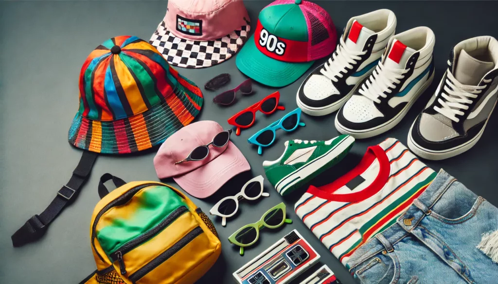 Essential 90s streetwear accessories including bucket hats and fanny packs.