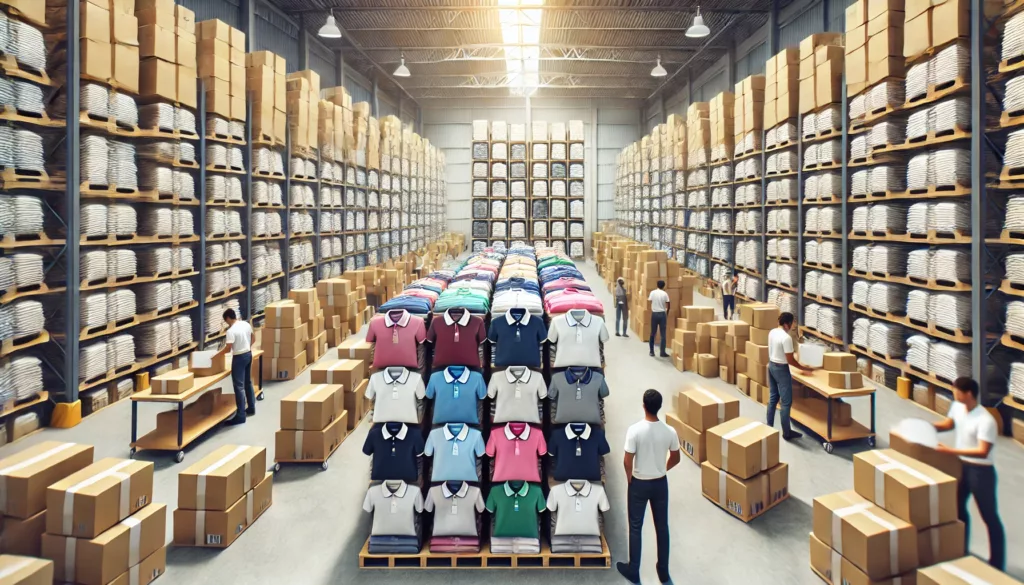 A warehouse or factory filled with stacks of ready-to-ship polo shirts, emphasizing the scale of manufacturing.