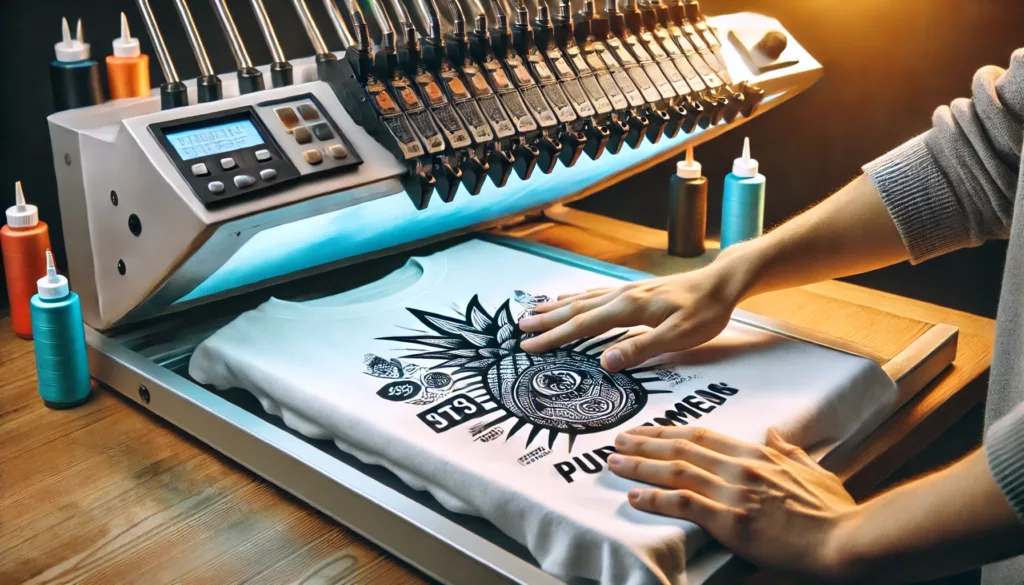 A close-up of a t-shirt customization process, showing a printing machine in action.