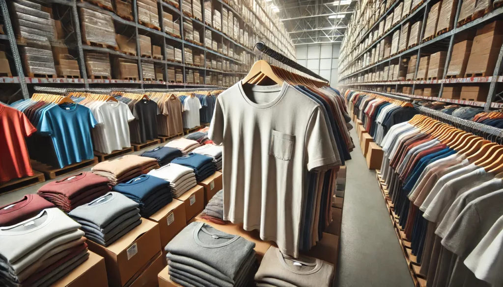 Bulk wholesale t-shirts in a warehouse, showcasing various styles.