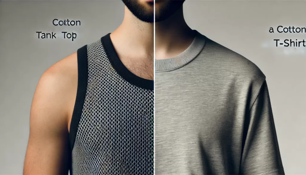 A detailed image comparing the fabric, texture, and fit of a tank top and a T-shirt.