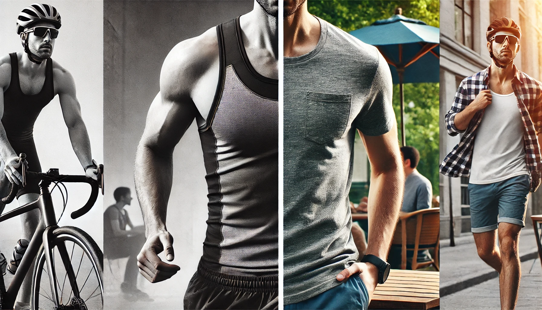 A split image comparing a tank top and a T-shirt in different settings (active vs. casual).