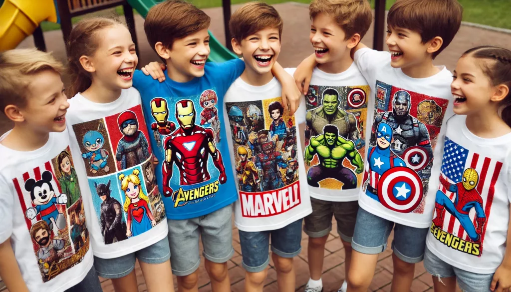 Children wearing printed T-shirts featuring popular characters like Mickey Mouse, Spider-Man, and Pokémon.