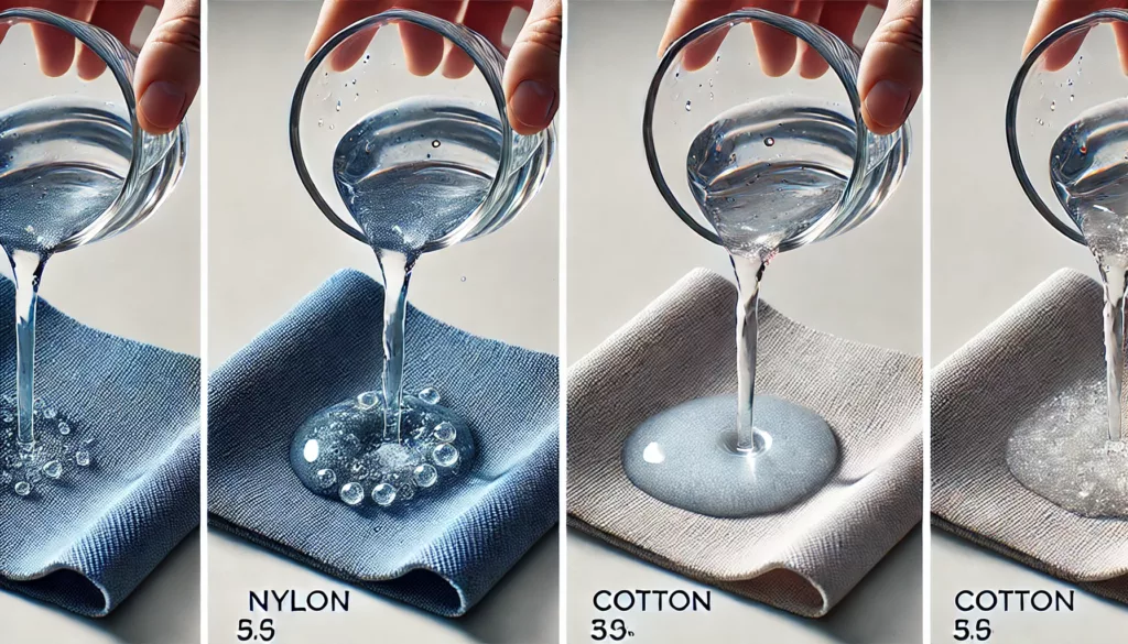 Nylon repelling water and cotton absorbing it during a water test.