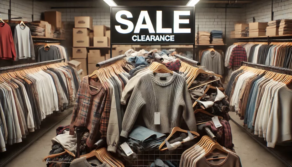 Unsold clothes on a retail rack with a sale sign.