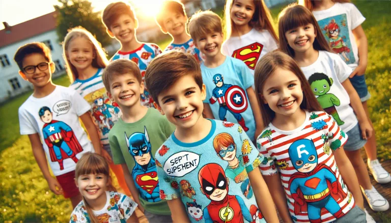 Happy children wearing colorful printed T-shirts with fun and playful designs.