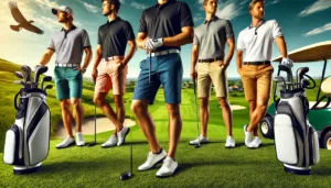 A vibrant shot of golfers on a scenic course, showcasing stylish and high-quality best golf shorts in various designs.