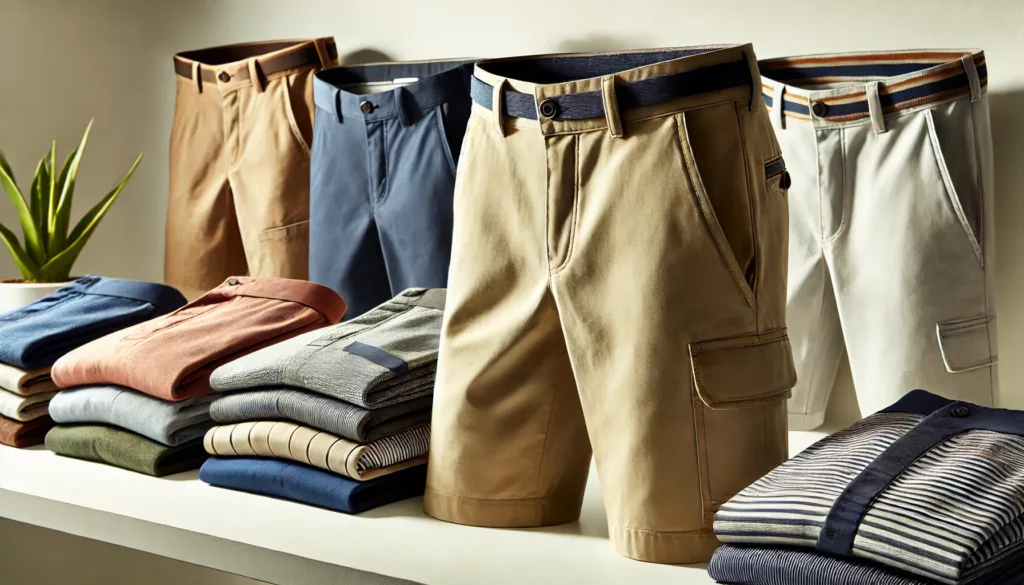 A close-up display of golf shorts in different colors, highlighting features like deep pockets, premium fabrics, and tailored fits.