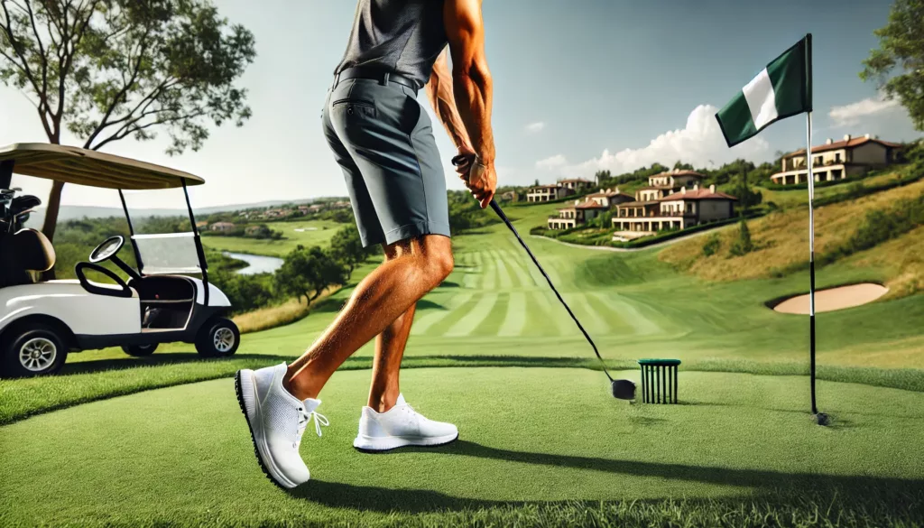 An action shot of a golfer mid-swing on the course, emphasizing the flexibility and functionality of the shorts.