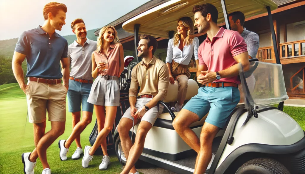 A lifestyle image of golfers relaxing near a golf cart, wearing diverse styles of golf shorts, with a friendly and aspirational vibe.