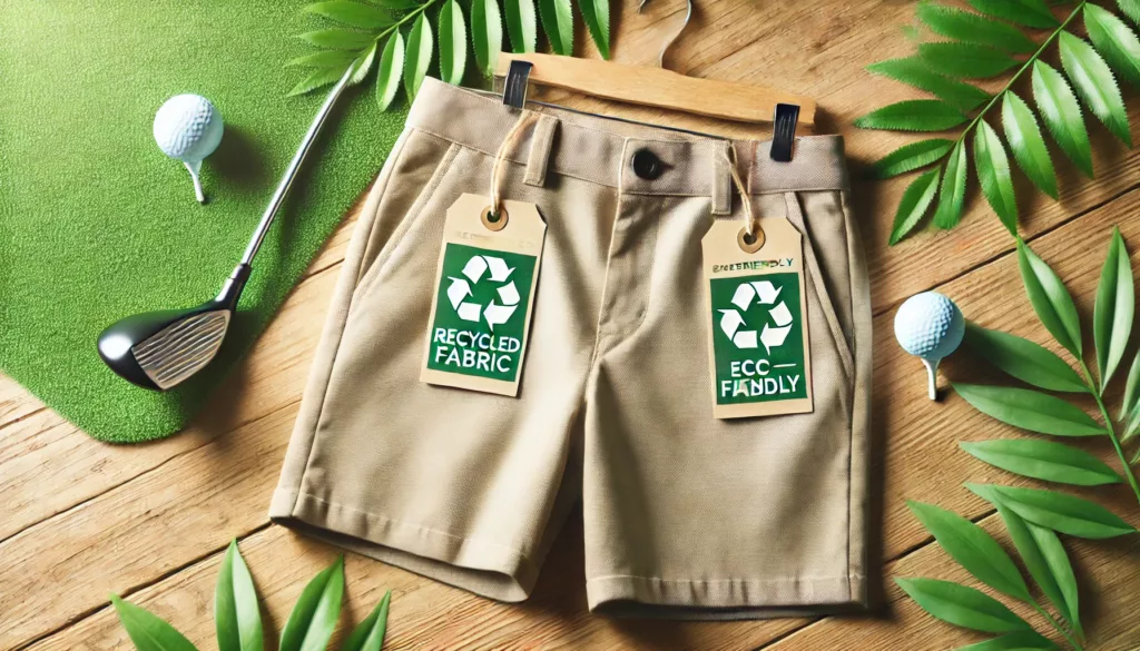 An eco-friendly-themed image of sustainable golf shorts, complete with tags indicating recycled materials, set against a natural background.