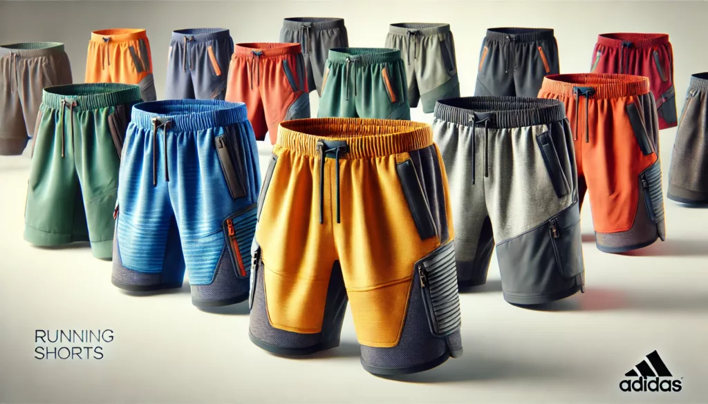 A close-up view of various running shorts on a flat surface, showcasing features like built-in liners, pockets, and elastic waistbands.