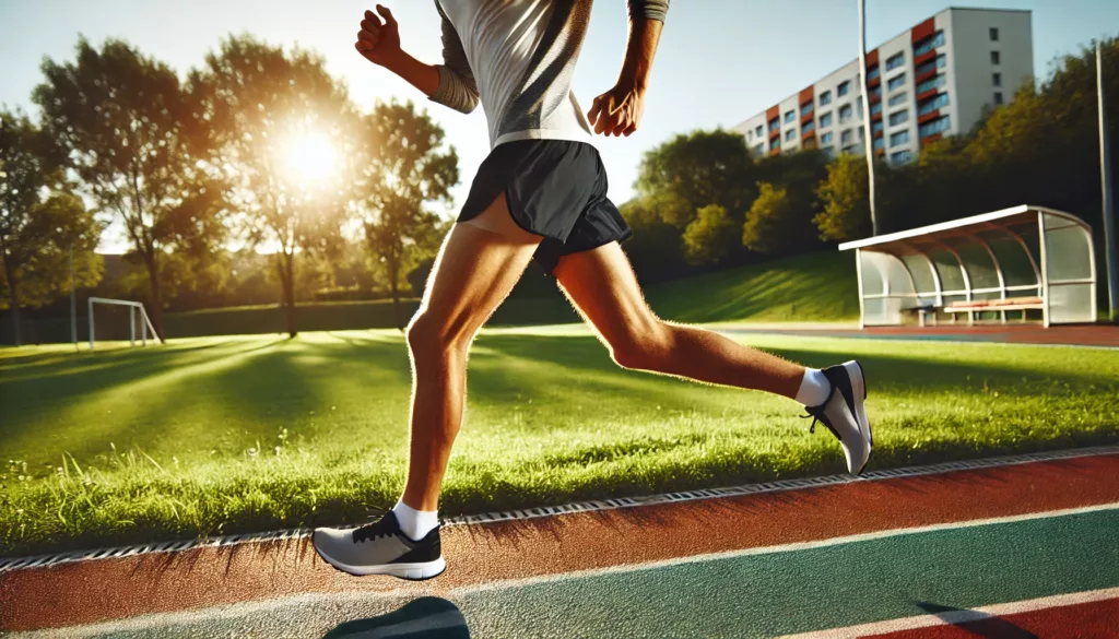 An action shot of a runner mid-stride in a park, wearing lightweight and moisture-wicking running shorts.