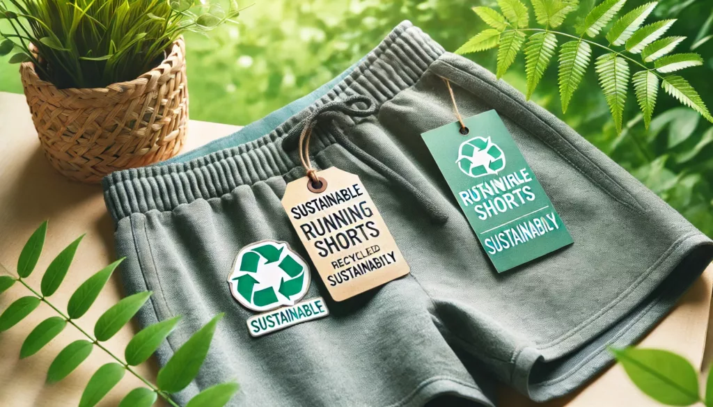 A sustainable running shorts display with eco-friendly tags, set against a natural greenery backdrop to emphasize sustainability.