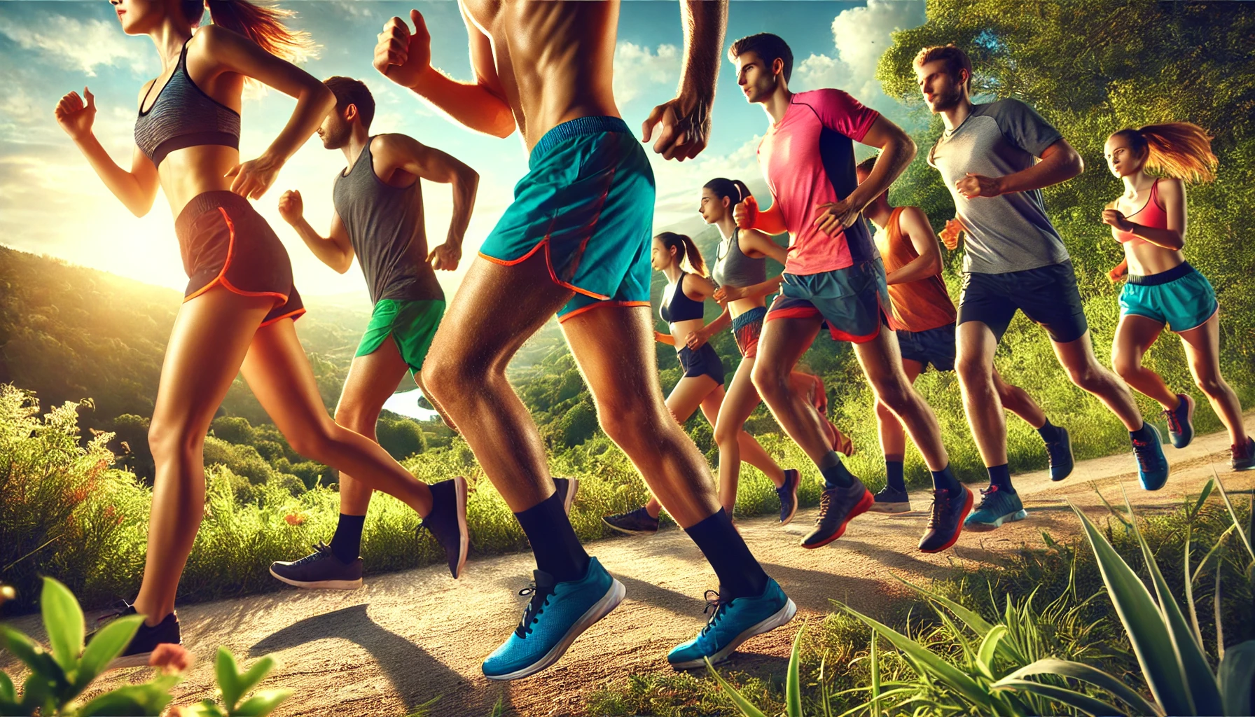 A group of runners in action on a scenic outdoor trail, highlighting vibrant and stylish running shorts.