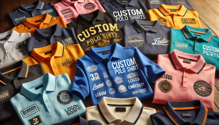 A collection of custom polo shirts in various colors, showcasing different designs with logos, embroidery, and text.