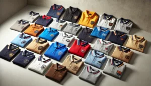 A collection of various polo shirts in different colors and styles, showcasing both casual and corporate looks.