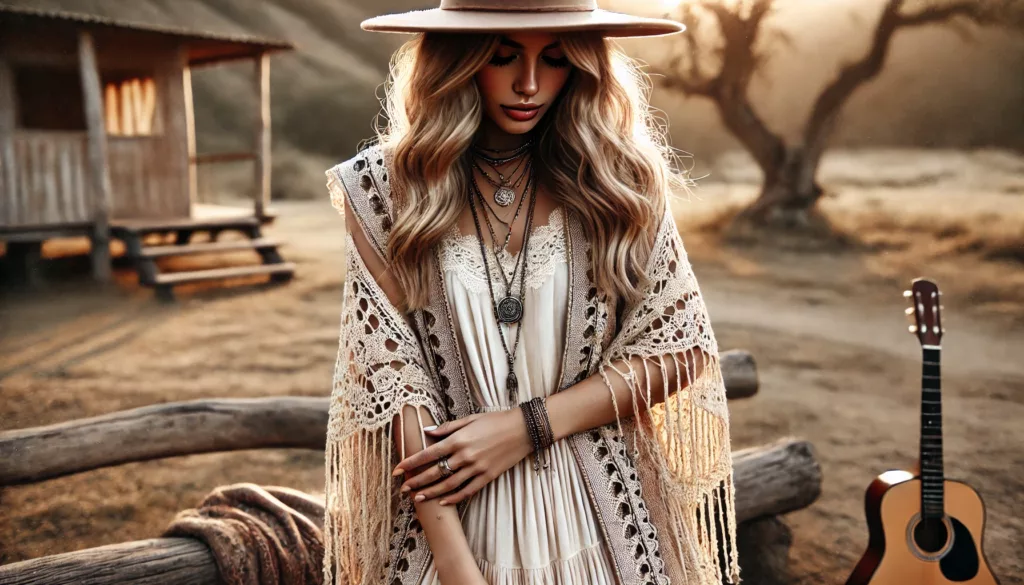 Bohemian lace vest styled with a maxi dress and wide-brimmed hat