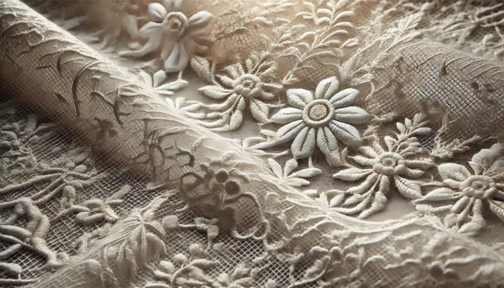 Close-up of intricate lace fabric with floral patterns