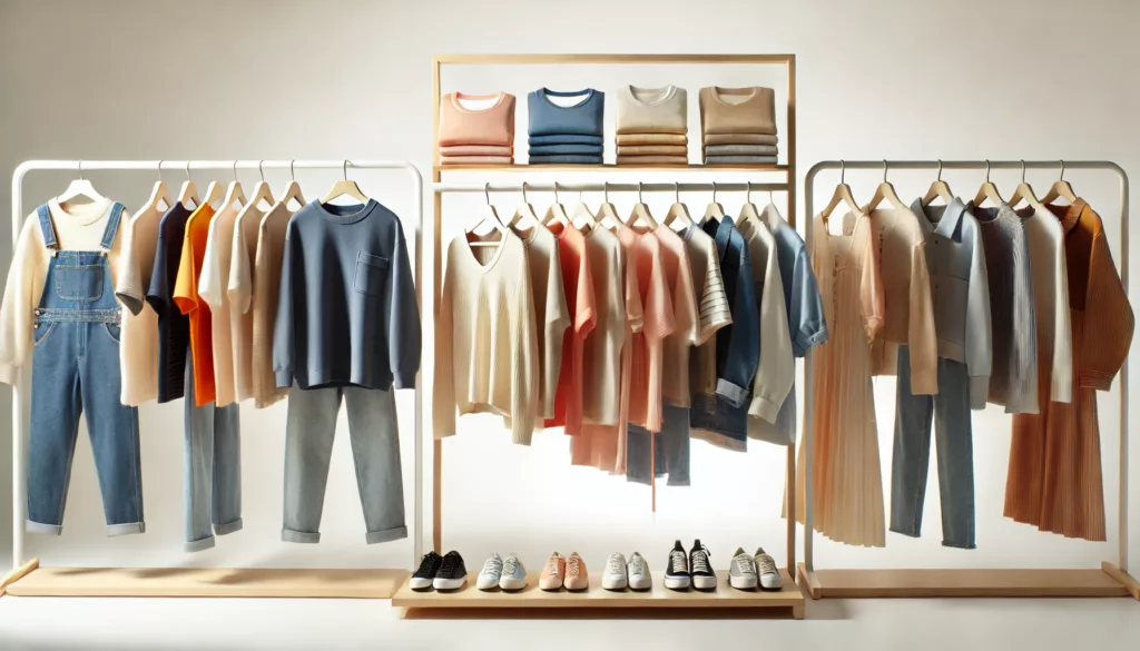 Display rack featuring various clothing styles from low MOQ manufacturers