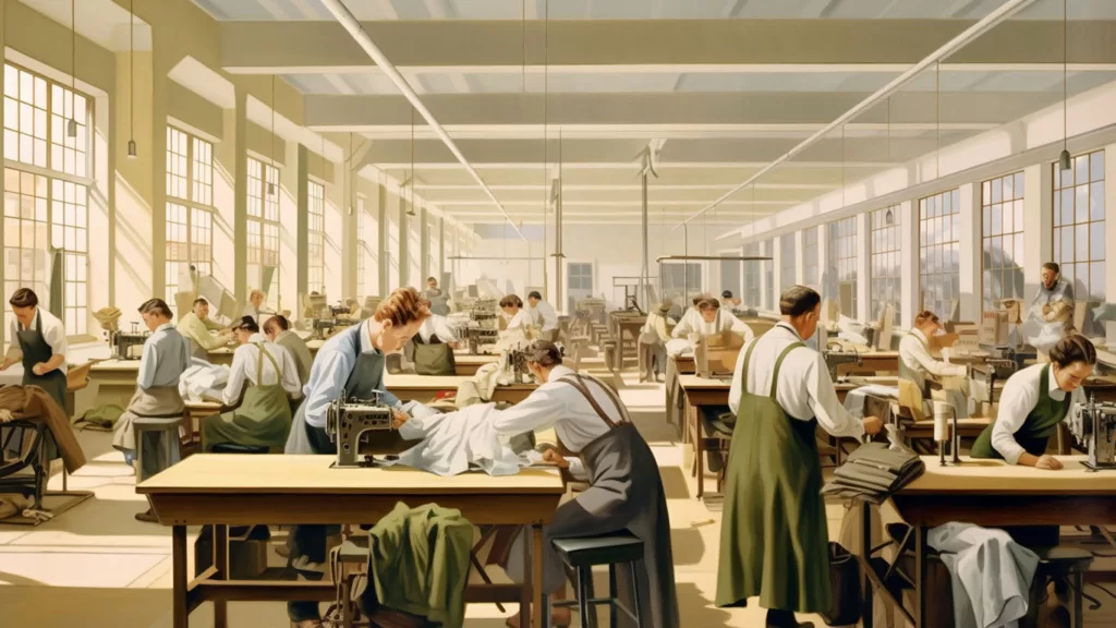 Workers sewing garments in a clothing manufacturing factory