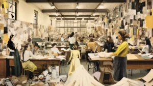 Collage representing how the fashion industry works, from design to retail