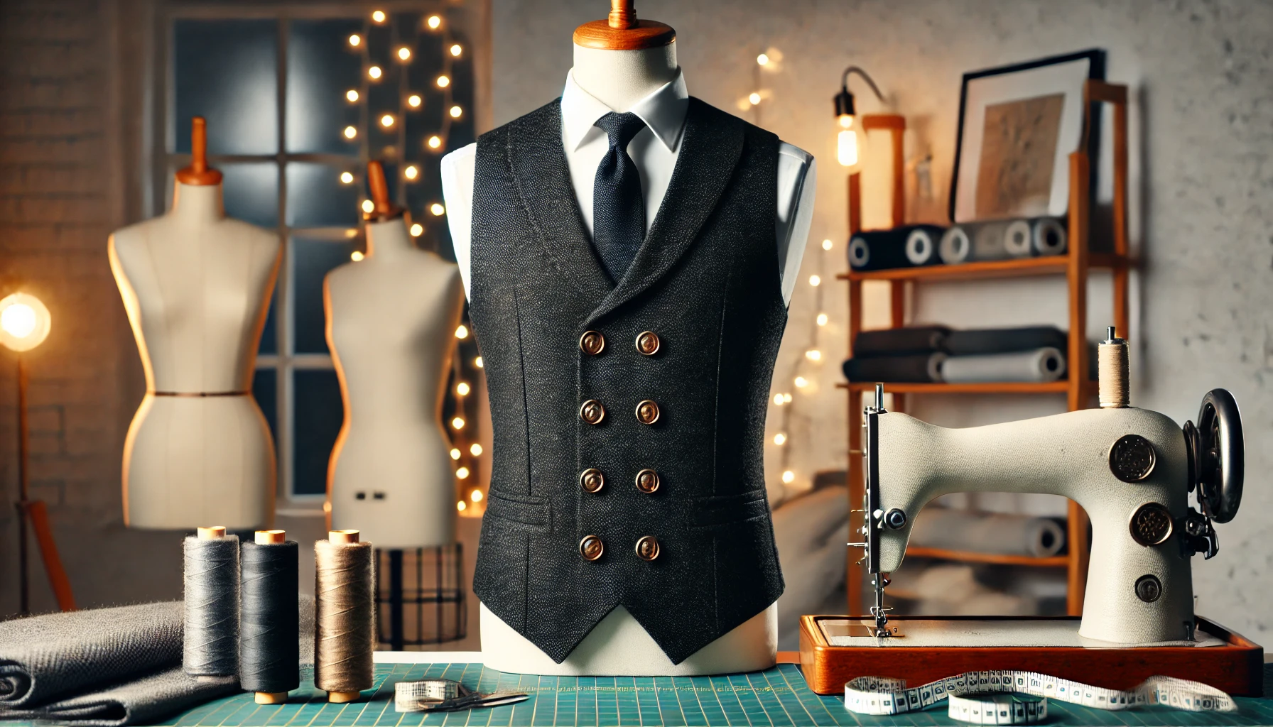 Handmade tailored vest displayed on a mannequin in a sewing studio