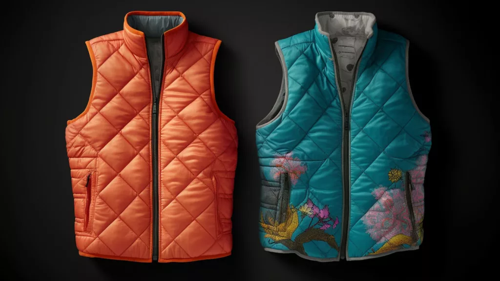 Reversible puffer vest displayed with contrasting sides and winter accessories