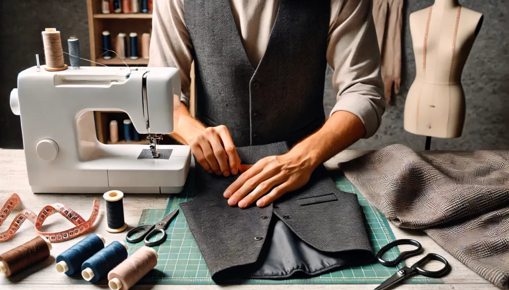 Sewing a vest using a sewing machine with fabric pieces