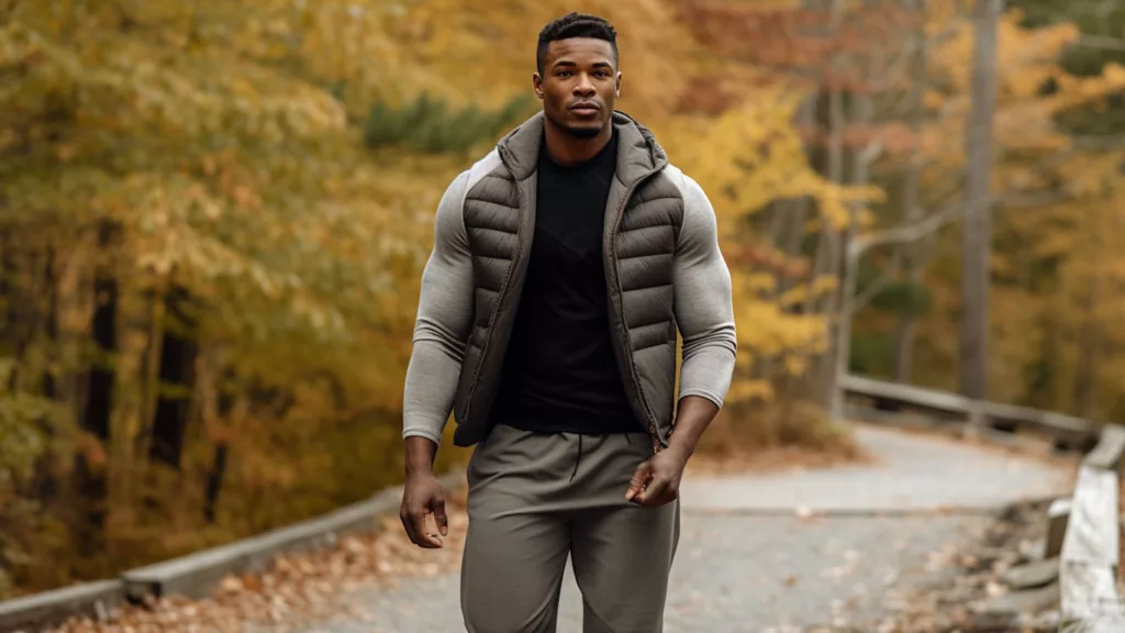 Sporty outfit with a slim-fit puffer vest, hoodie, and joggers