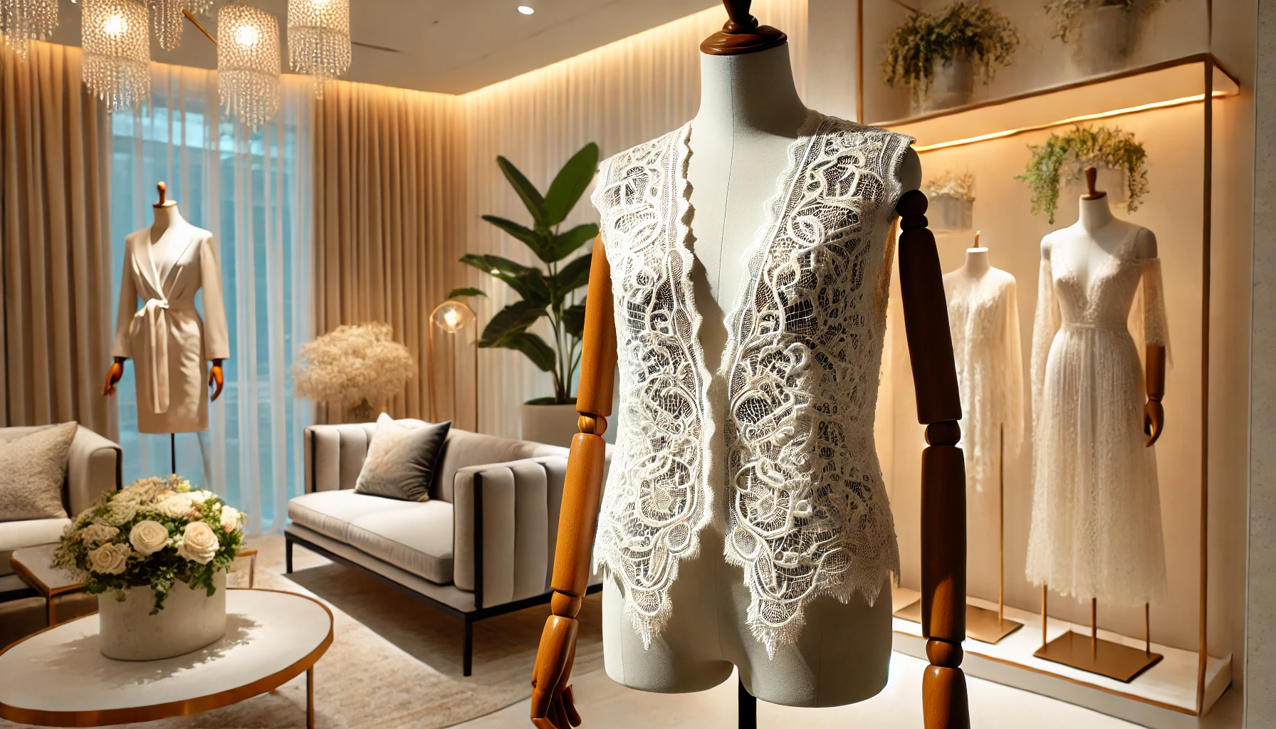 Stylish lace vest displayed on a mannequin with intricate patterns