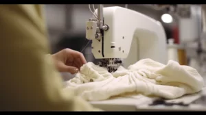 A behind the scenes shot of a luxury hoodie being crafted by hand in a high end factory 3