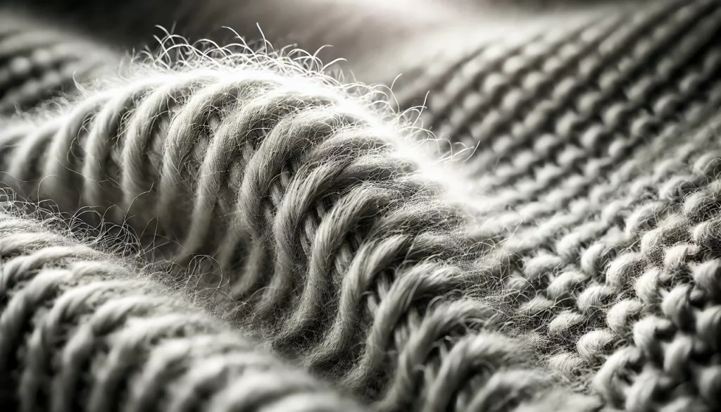 A close up macro shot of Merino wool fabric showcasing its fine soft texture