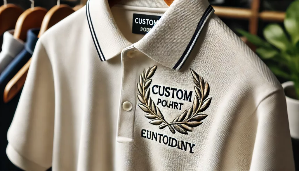 A close up of a custom polo shirt with embroidered logo highlighting fine details