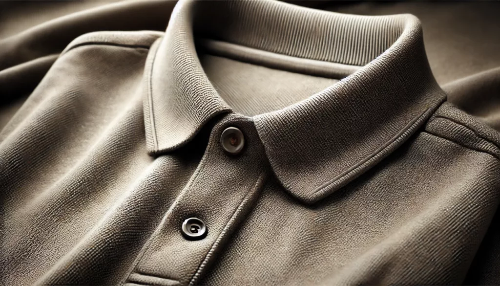 A close up of a premium mens polo shirt highlighting fabric texture collar and stitching