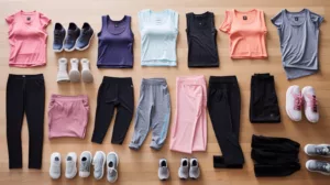 A collection of activewear clothing including leggings sports bras and performance shirts 1