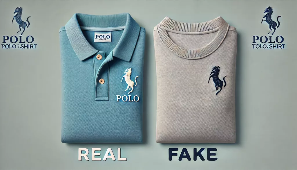 A comparison image of real vs. fake polo t shirts highlighting key differences