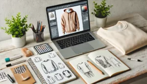 A creative workspace with a laptop sketchbook and t shirt mock up for designing a clothing line from scratch