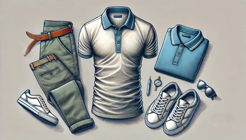 A custom polo shirt displayed with a full outfit paired with casual pants or shorts showcasing versatility