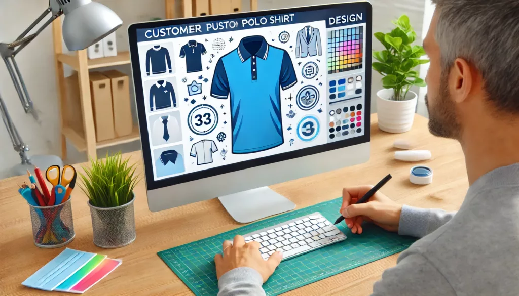 A customer designing their custom polo shirt using an online design tool