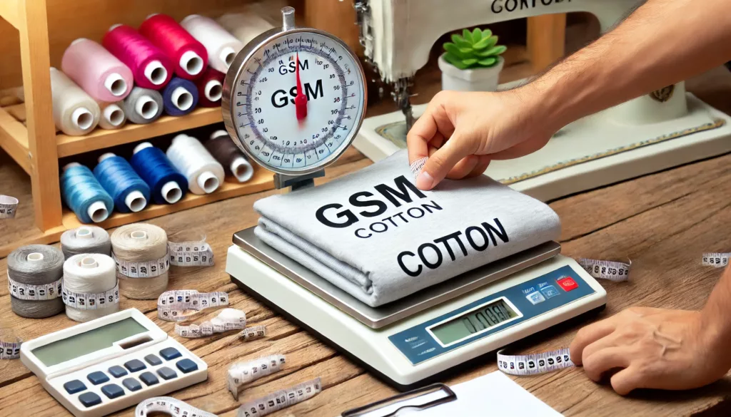 A fabric expert measuring the GSM of cotton fabric