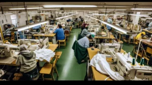 A factory setting showing workers sewing hoodies 4