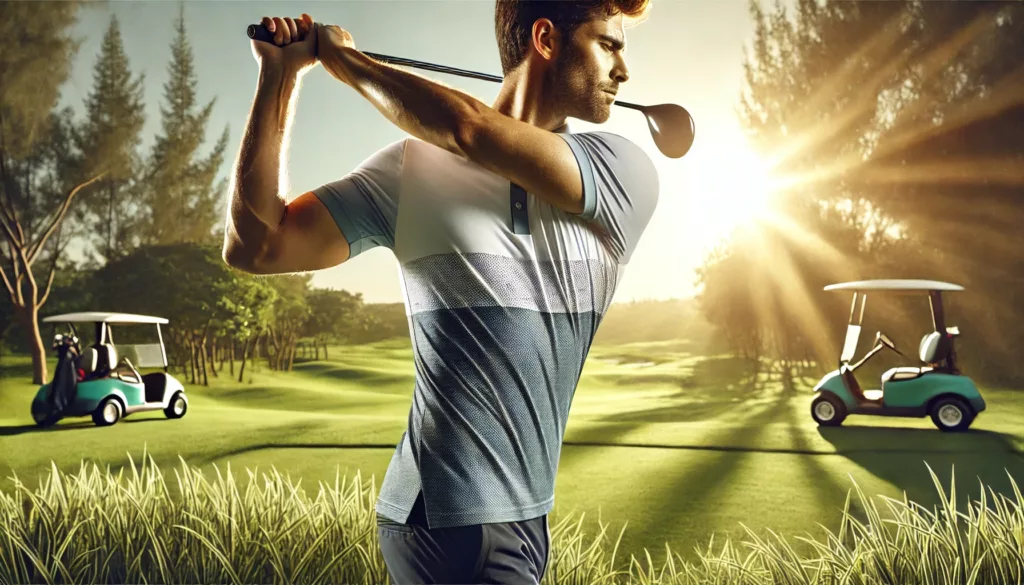 A golfer wearing a moisture wicking golf polo shirt in warm weather conditions