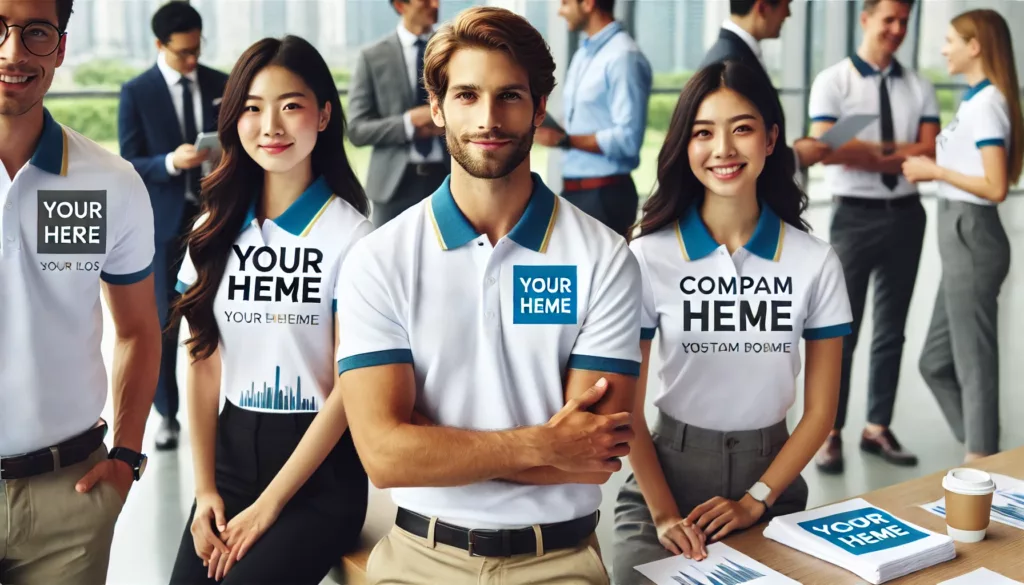 A group of professionals wearing custom polo shirts with company branding at a corporate event