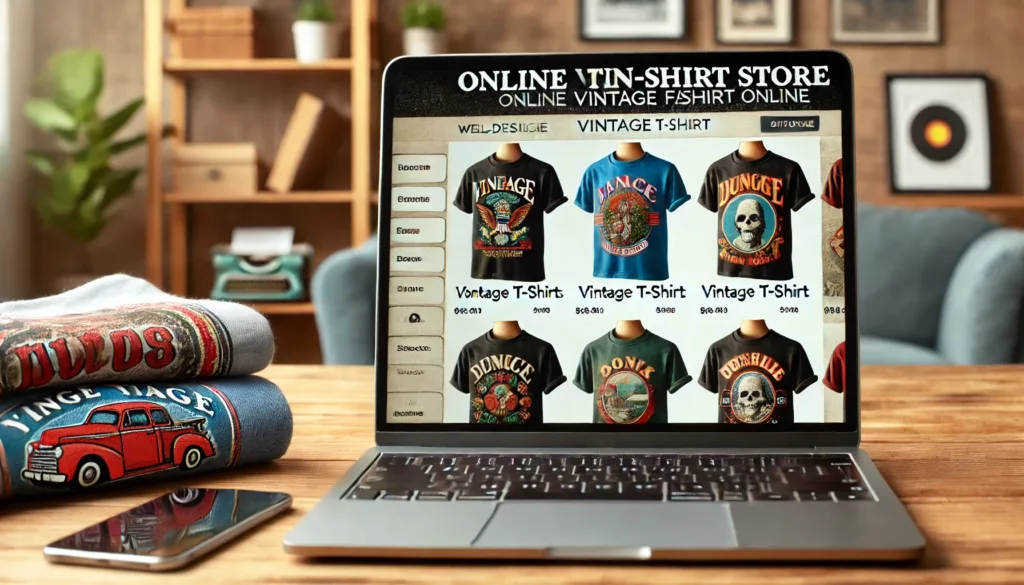 A laptop or smartphone screen displaying an online vintage t shirt store